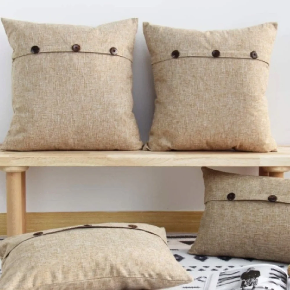 Luxury Home | Rustic Farmhouse Tan Triple Button Faux Linen Throw Pillow Covers